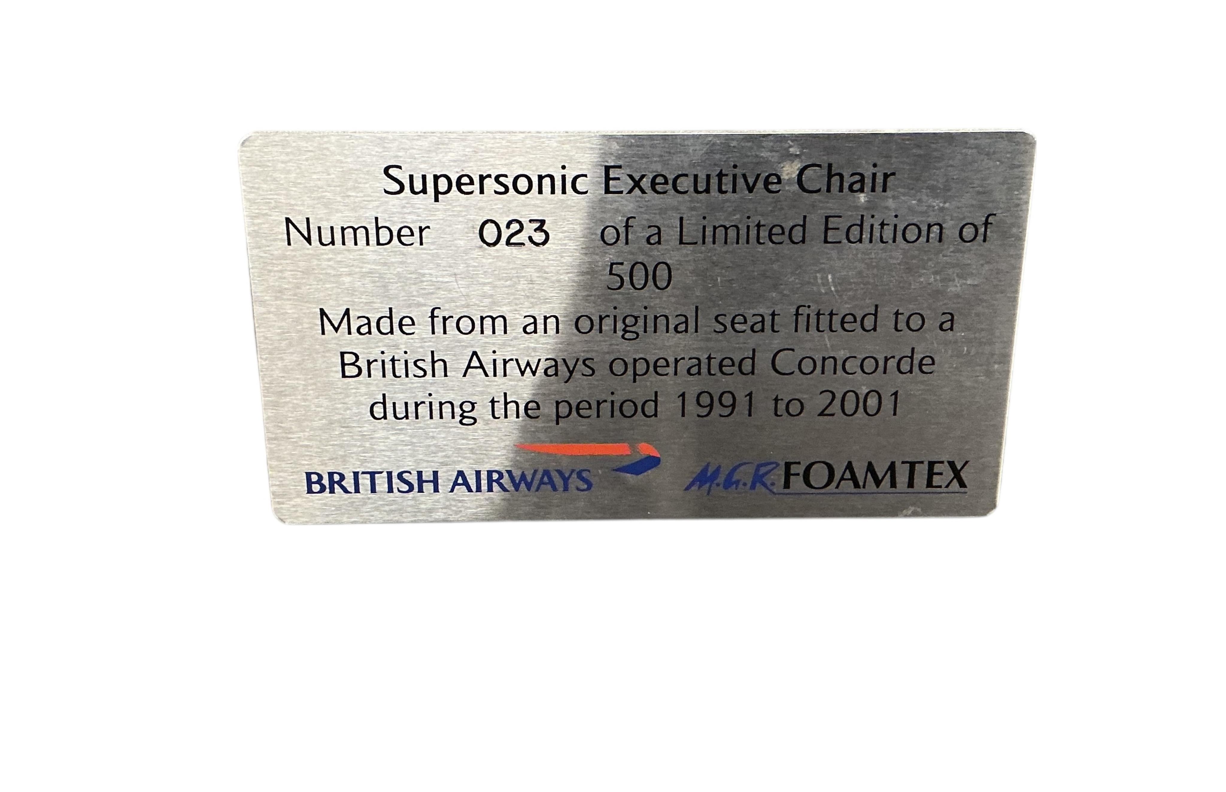 A limited edition Concorde Supersonic Executive Chair, width 58cm, depth 54cm, height 120cm, made from an original aircraft seat, numbered 23/500